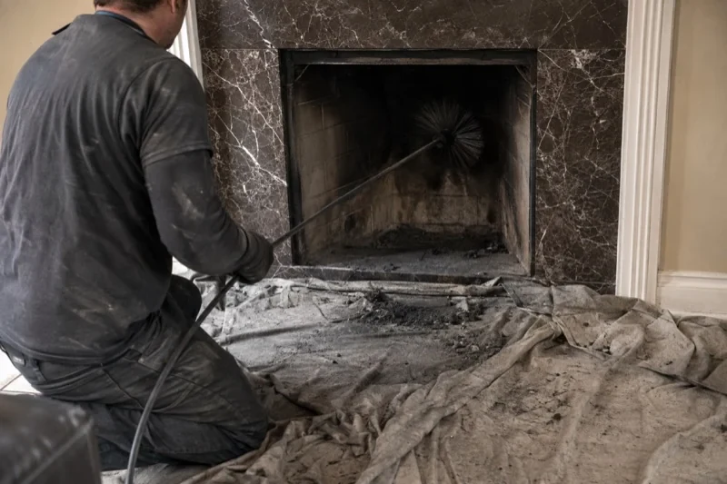 Person guiding a round brush on a long rod into a fireplace, with dark debris on a drop cloth across the hearth.
