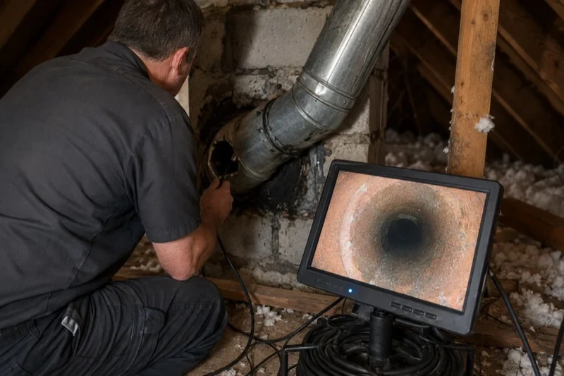 Person beside a metal flue connection and a monitor showing the inside of a passage
