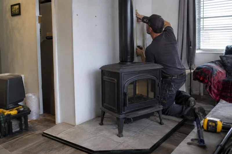 Person holding a tape measure vertically beside a black stove pipe above a freestanding stove on a tiled hearth.